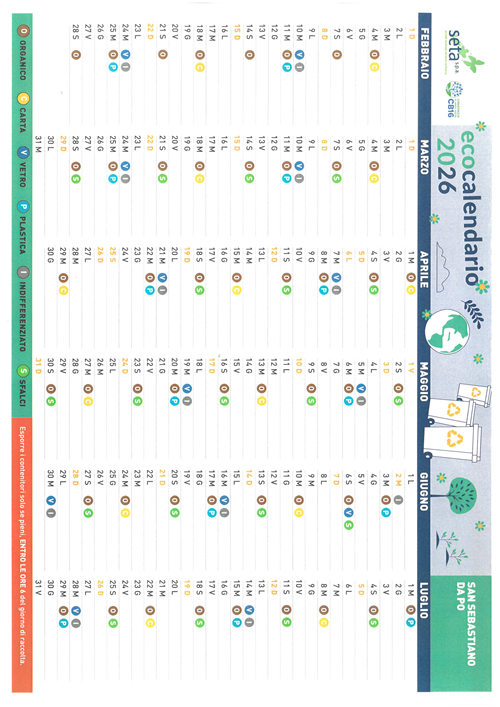 Calendario raccolta rifiuti anno 2026
