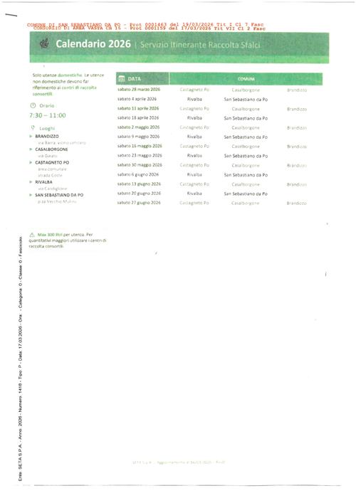 Calendario raccolta sfalci